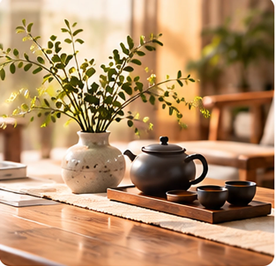 茶壶茶杯与桌面陈设效果示意